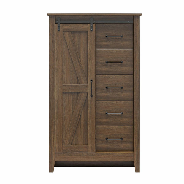 English Elm Alton Farmhouse Chest with Sliding Barn Door Five Drawers and Matte Black Hardware Walnut B2733S00015