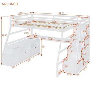 English Elm Full Size Kids Loft Bed with Integrated Desk Seven Drawers and Open Shelving White LT000649AAK-1