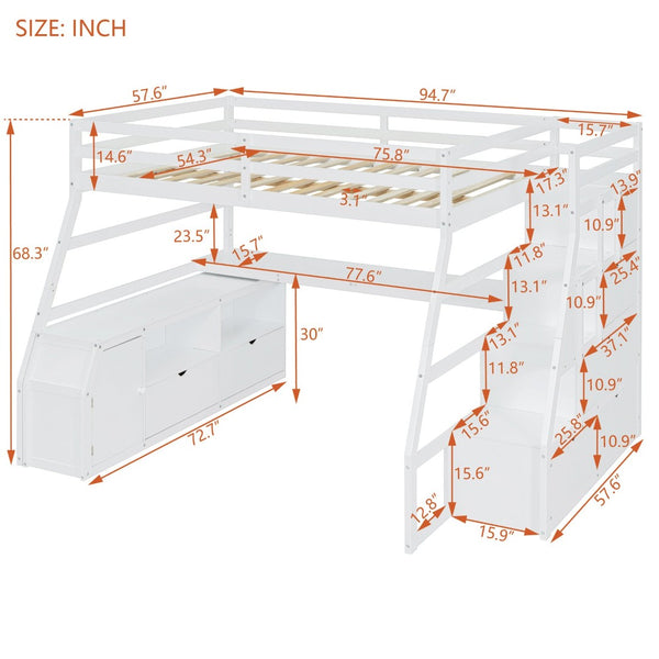 English Elm Full Size Kids Loft Bed with Integrated Desk Seven Drawers and Open Shelving White LT000649AAK-1