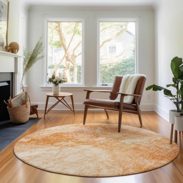 HomeRoots 8' Salmon and Ivory Abstract Washable Round Rug – Durable, UV-Protected, Perfect for High-Traffic Spaces! 656301