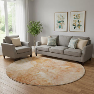 HomeRoots 8' Salmon and Ivory Abstract Washable Round Rug – Durable, UV-Protected, Perfect for High-Traffic Spaces! 656301