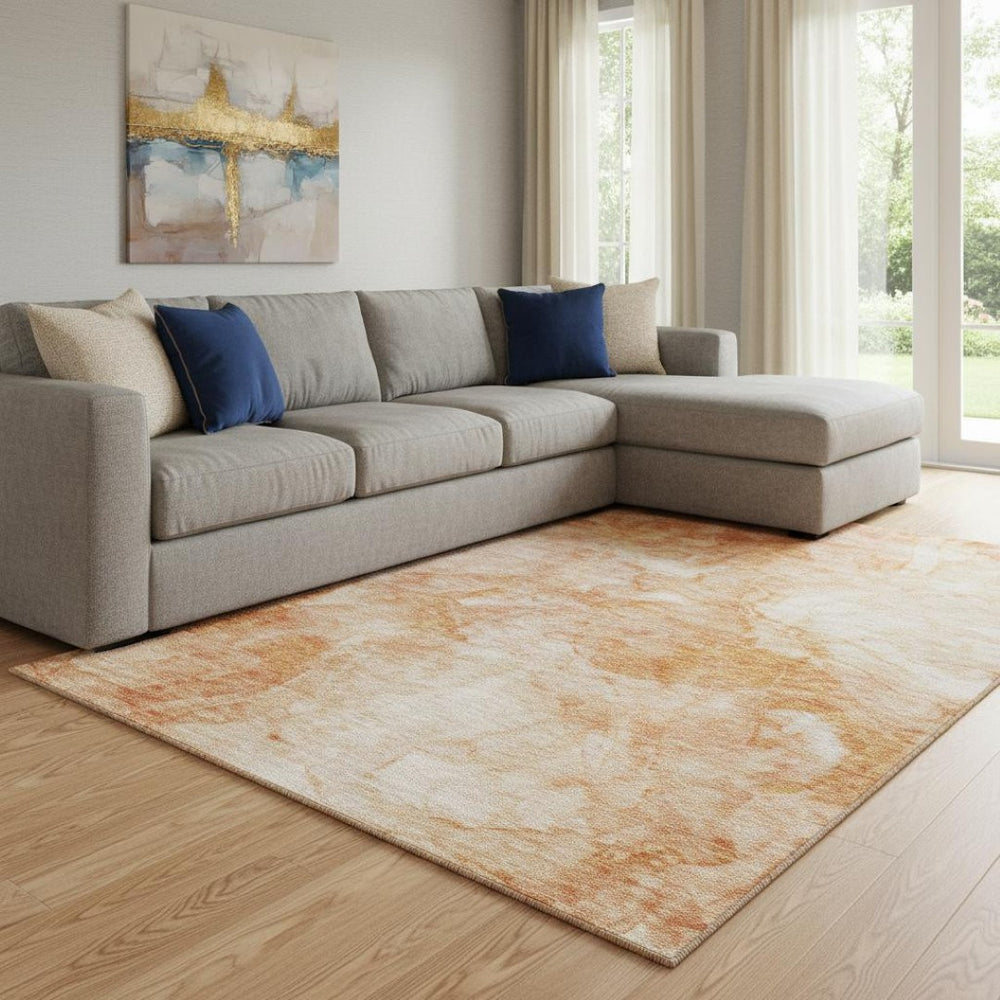HomeRoots 8' X 10' Salmon and Ivory Abstract Area Rug - Washable, UV-Protected, Perfect for Modern Living Spaces! 656302