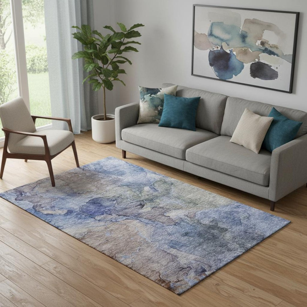 HomeRoots 5' X 8' Stylish Blue Beige Taupe Abstract Area Rug – Washable, UV Protected & Pet-Friendly Design! 656312