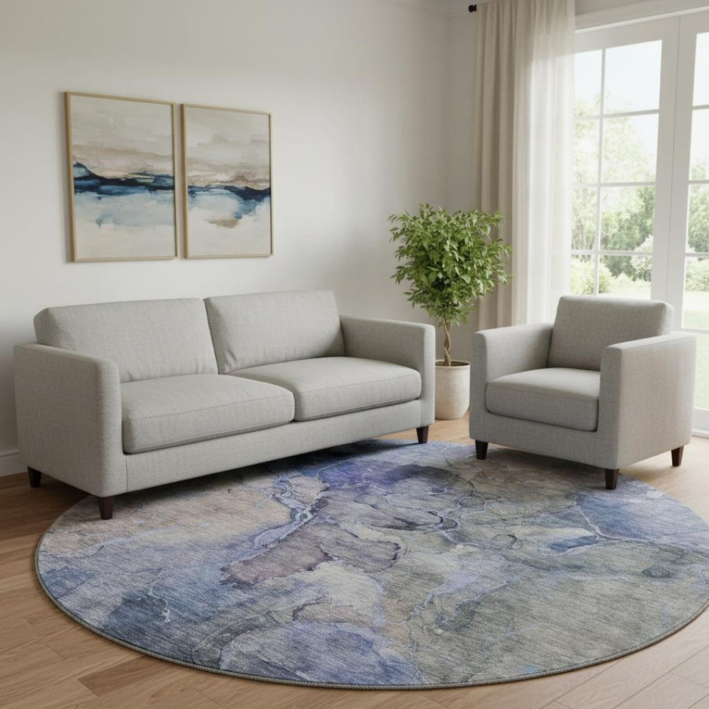 HomeRoots 8' Washable Round Rug in Blue, Beige & Taupe - Stylish UV-Protected Abstract Design for Any Space 656313