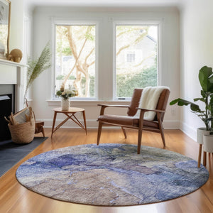 HomeRoots 8' Washable Round Rug in Blue, Beige & Taupe - Stylish UV-Protected Abstract Design for Any Space 656313