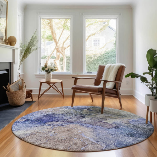 HomeRoots 8' Washable Round Rug in Blue, Beige & Taupe - Stylish UV-Protected Abstract Design for Any Space 656313