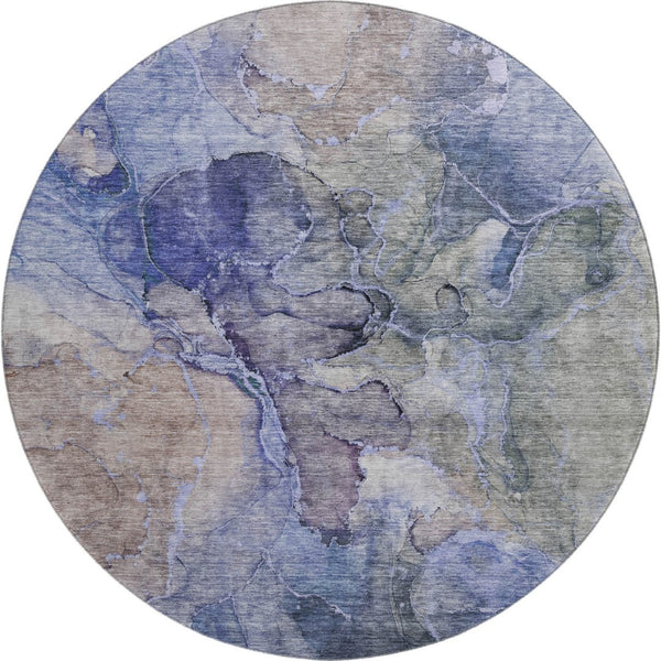 HomeRoots 8' Washable Round Rug in Blue, Beige & Taupe - Stylish UV-Protected Abstract Design for Any Space 656313