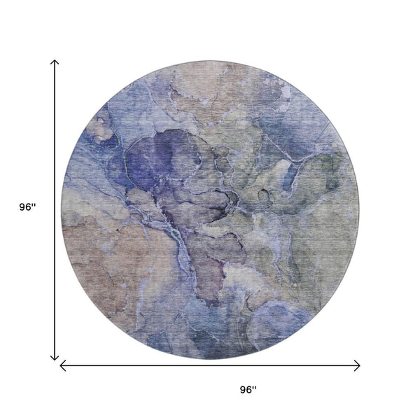 HomeRoots 8' Washable Round Rug in Blue, Beige & Taupe - Stylish UV-Protected Abstract Design for Any Space 656313