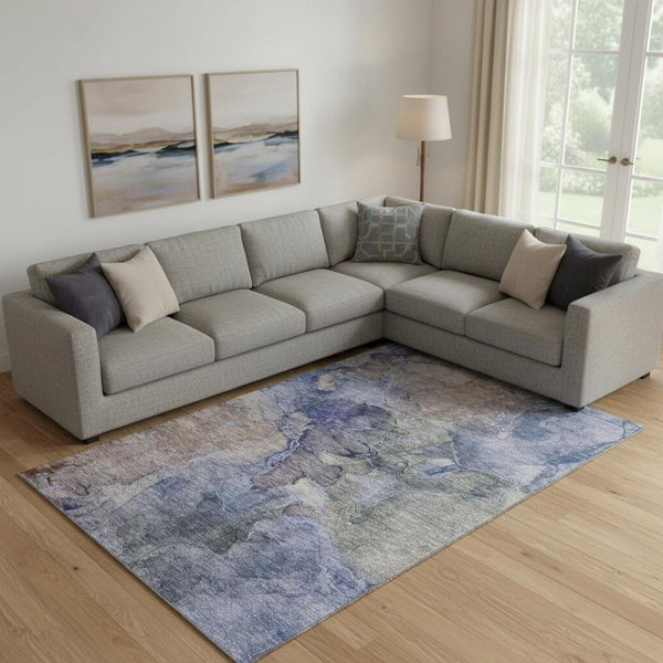 HomeRoots 10' Washable Area Rug in Blue, Beige & Taupe - UV Protected, Stain-Resistant, Ideal for Homes with Pets 656316