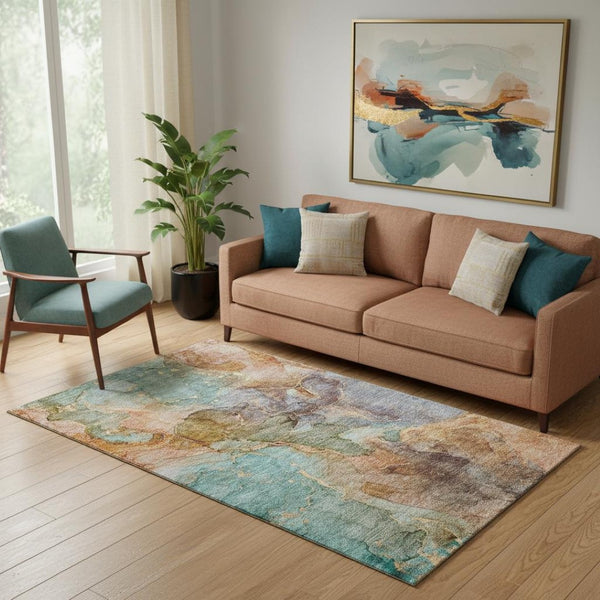 HomeRoots 5' X 8' Vibrant Coral Blue & Purple Abstract Washable Area Rug with UV Protection for Every Home 656318