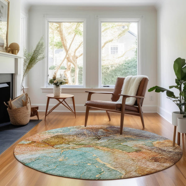 HomeRoots 8' Coral Blue & Purple Abstract Washable Round Rug - UV Protected, Durable, Ideal for Busy Family Spaces 656319
