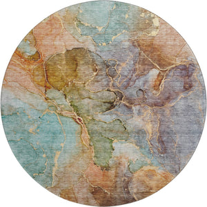 HomeRoots 8' Coral Blue & Purple Abstract Washable Round Rug - UV Protected, Durable, Ideal for Busy Family Spaces 656319