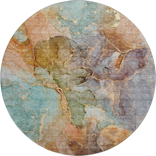 HomeRoots 8' Coral Blue & Purple Abstract Washable Round Rug - UV Protected, Durable, Ideal for Busy Family Spaces 656319