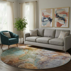 HomeRoots 8' Coral Blue & Purple Abstract Washable Round Rug - UV Protected, Durable, Ideal for Busy Family Spaces 656319