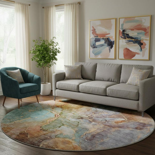 HomeRoots 8' Coral Blue & Purple Abstract Washable Round Rug - UV Protected, Durable, Ideal for Busy Family Spaces 656319