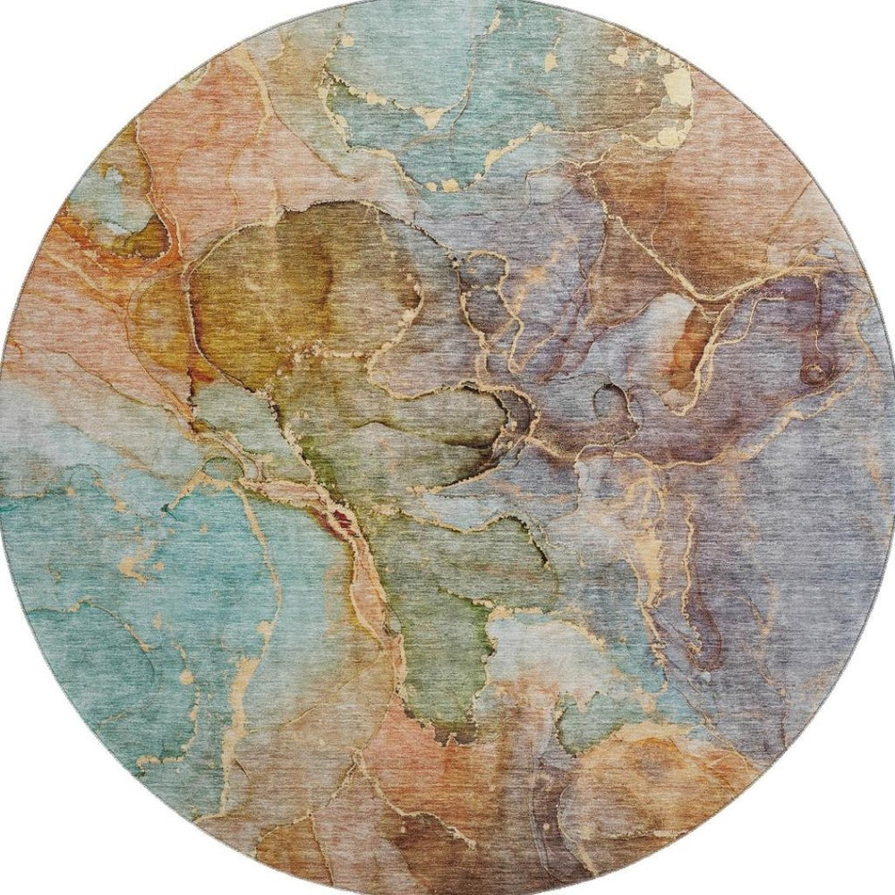 HomeRoots 8' Coral Blue & Purple Abstract Washable Round Rug - UV Protected, Durable, Ideal for Busy Family Spaces 656319