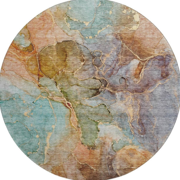 HomeRoots 8' Coral Blue & Purple Abstract Washable Round Rug - UV Protected, Durable, Ideal for Busy Family Spaces 656319