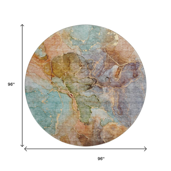 HomeRoots 8' Coral Blue & Purple Abstract Washable Round Rug - UV Protected, Durable, Ideal for Busy Family Spaces 656319