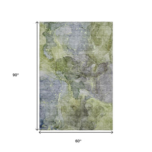 HomeRoots 5' X 8' Olive Green & Gray Abstract Area Rug - Washable, UV Protected, Stylish & Durable Design! 656324