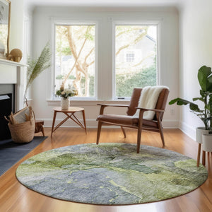 HomeRoots 8' Olive Green and Gray Abstract Washable Round Rug – Durable, Stylish, UV-Protected for High Traffic Areas 656325