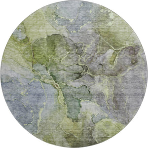 HomeRoots 8' Olive Green and Gray Abstract Washable Round Rug – Durable, Stylish, UV-Protected for High Traffic Areas 656325