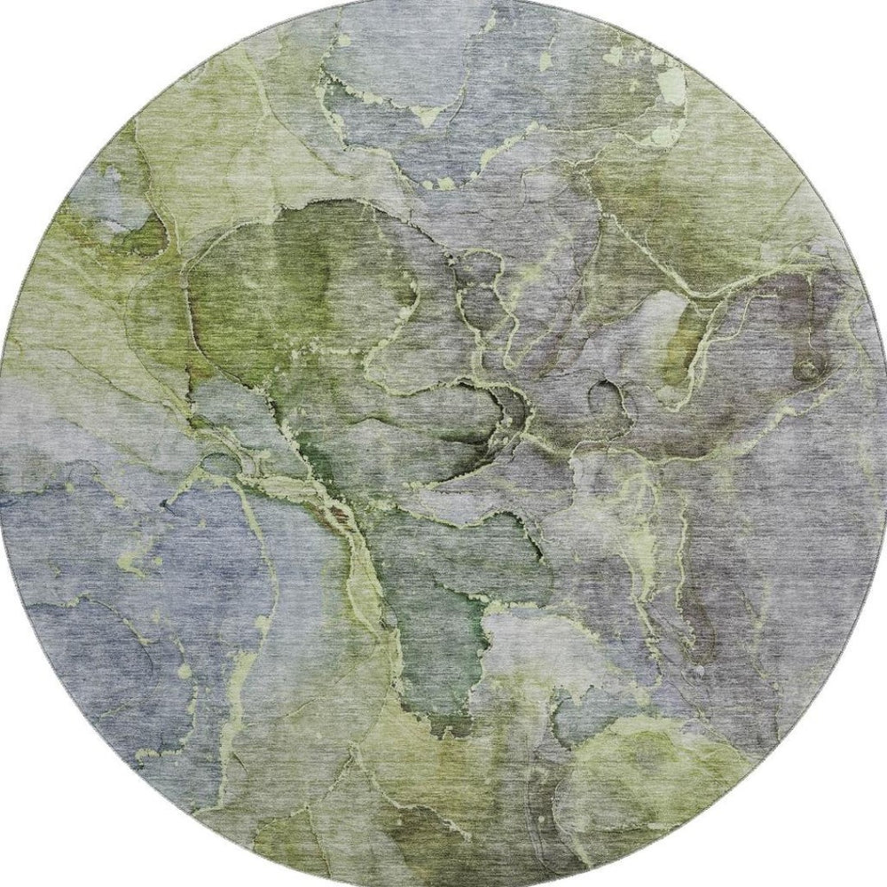 HomeRoots 8' Olive Green and Gray Abstract Washable Round Rug – Durable, Stylish, UV-Protected for High Traffic Areas 656325