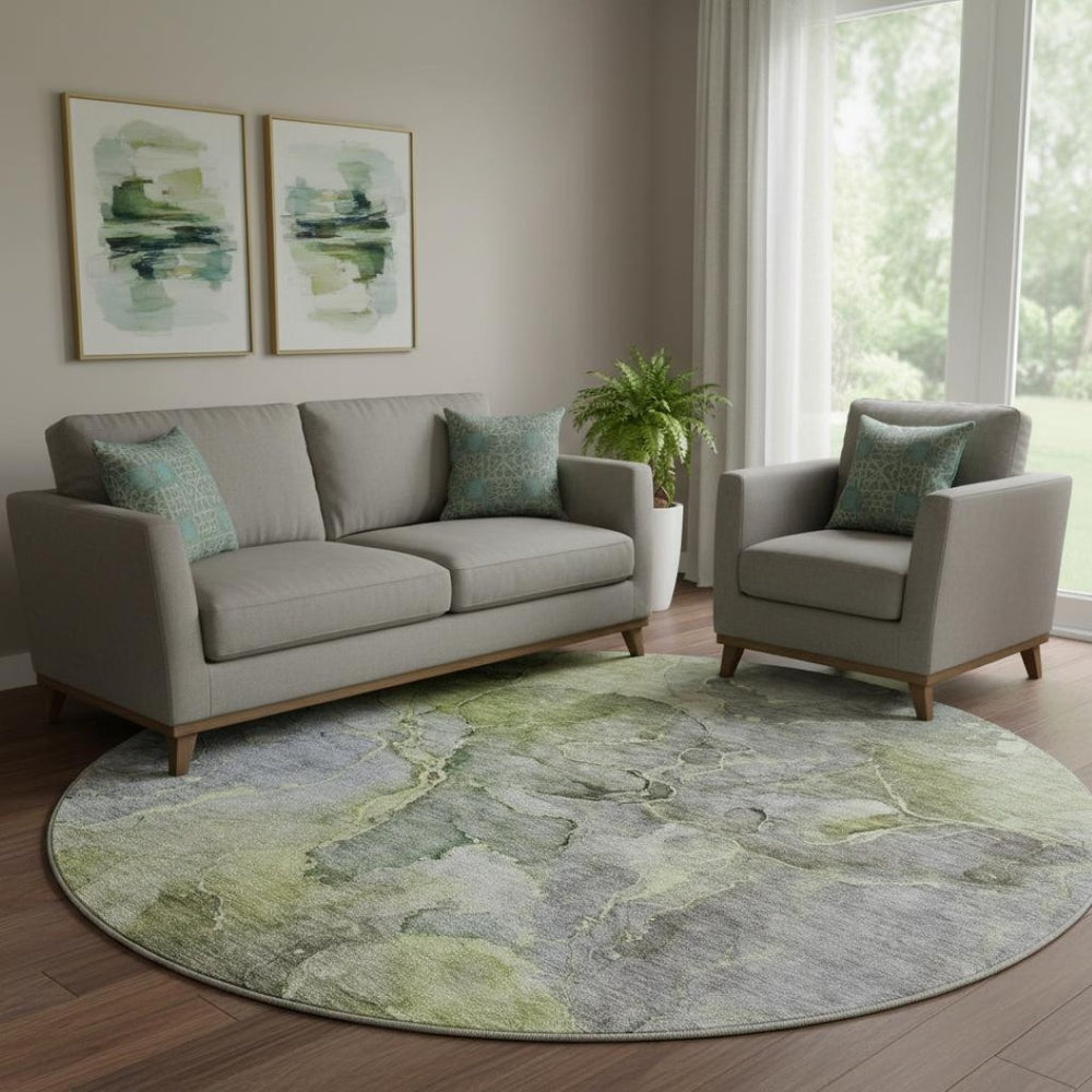 HomeRoots 8' Olive Green and Gray Abstract Washable Round Rug – Durable, Stylish, UV-Protected for High Traffic Areas 656325
