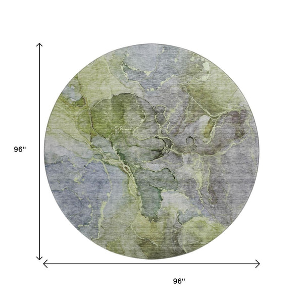 HomeRoots 8' Olive Green and Gray Abstract Washable Round Rug – Durable, Stylish, UV-Protected for High Traffic Areas 656325