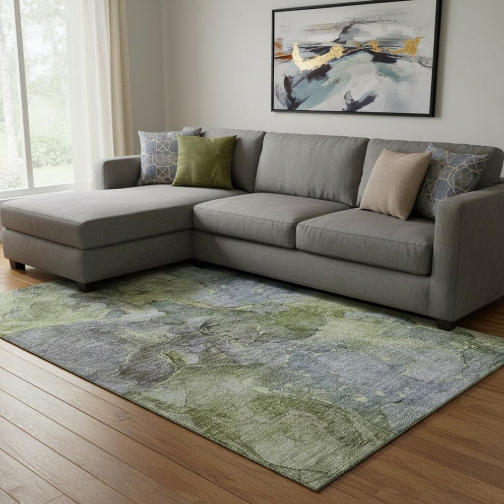HomeRoots 8' X 10' Olive Green & Gray Abstract Area Rug - Washable, UV Protected, Stain-Resistant for Homes 656326