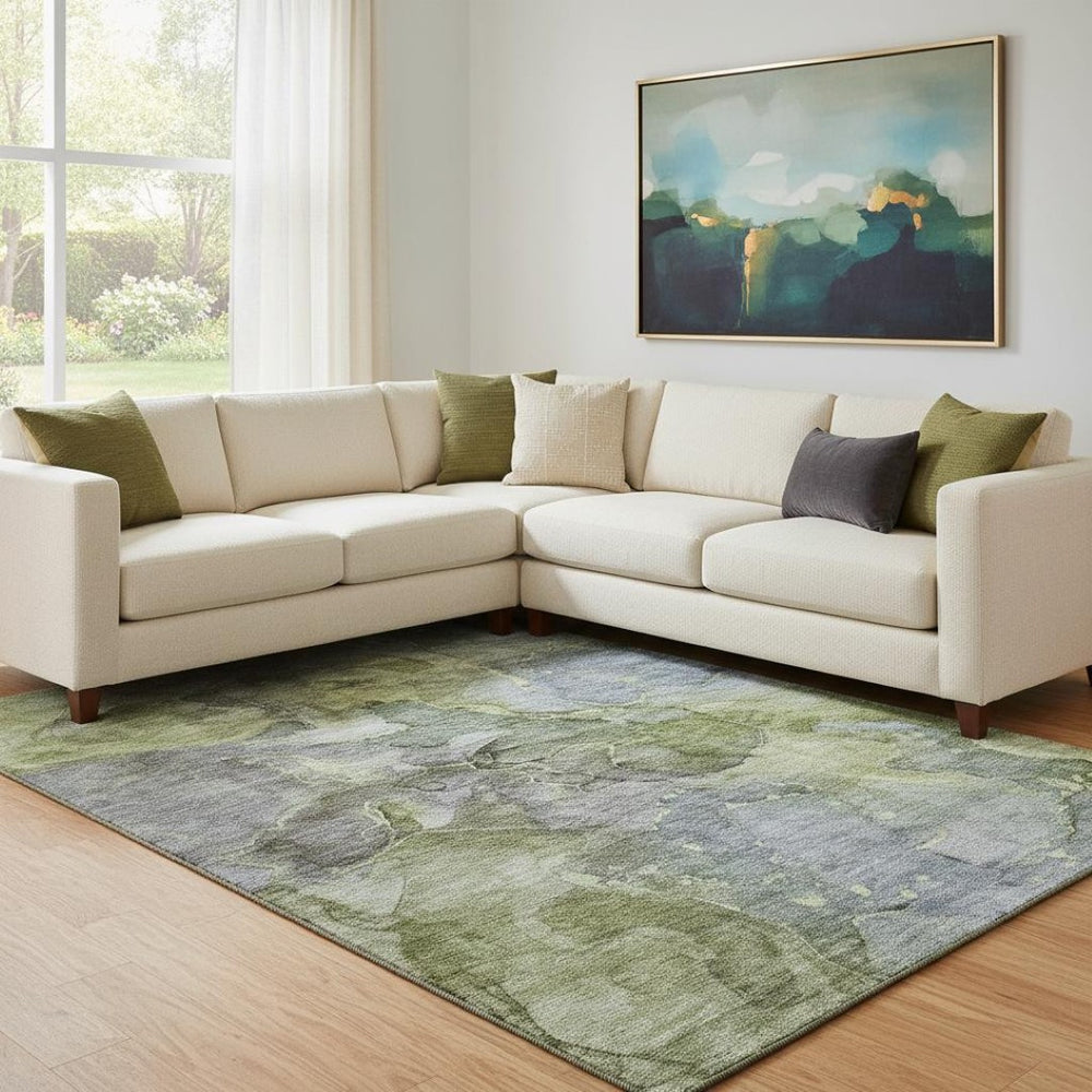 HomeRoots 10' X 14' Olive Green and Gray Abstract Washable Area Rug with Stain Resistance and UV Protection 656328