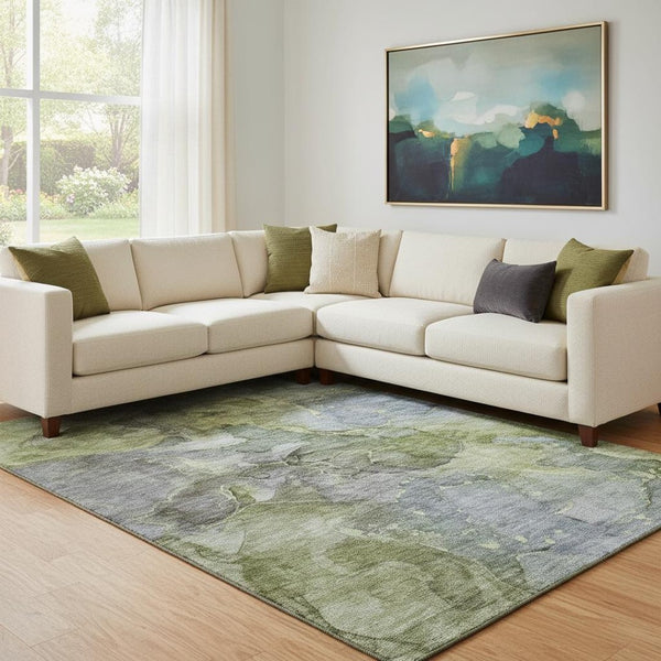 HomeRoots 10' X 14' Olive Green and Gray Abstract Washable Area Rug with Stain Resistance and UV Protection 656328
