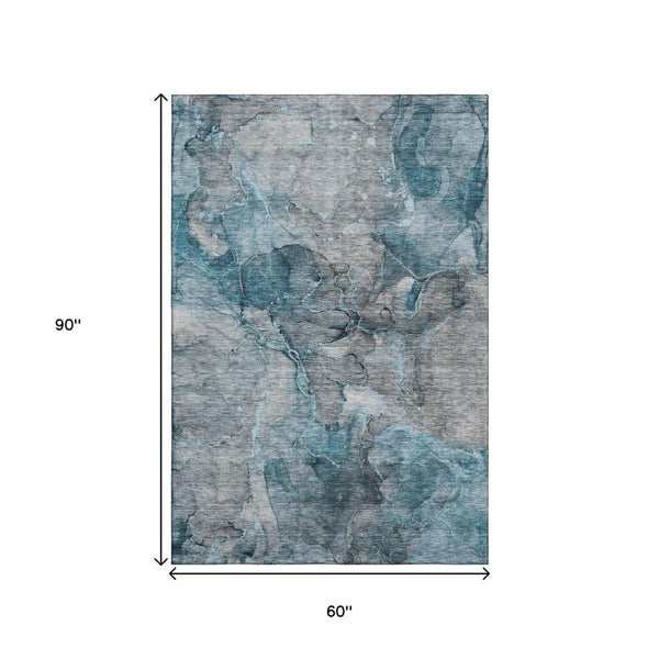 HomeRoots 5' X 8' Teal And Gray Abstract Area Rug – Durable, Washable, Stain-Resistant, UV Protected Design 656330
