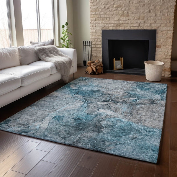 HomeRoots 5' X 8' Teal And Gray Abstract Area Rug – Durable, Washable, Stain-Resistant, UV Protected Design 656330