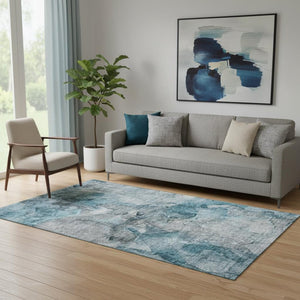 HomeRoots 5' X 8' Teal And Gray Abstract Area Rug – Durable, Washable, Stain-Resistant, UV Protected Design 656330