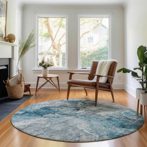 HomeRoots 8' Teal and Gray Abstract Round Rug - Washable, UV-Protected, Stain-Resistant for High-Traffic Areas 656331