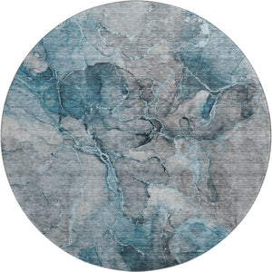 HomeRoots 8' Teal and Gray Abstract Round Rug - Washable, UV-Protected, Stain-Resistant for High-Traffic Areas 656331