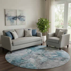 HomeRoots 8' Teal and Gray Abstract Round Rug - Washable, UV-Protected, Stain-Resistant for High-Traffic Areas 656331