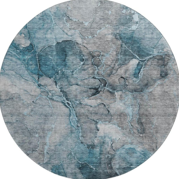 HomeRoots 8' Teal and Gray Abstract Round Rug - Washable, UV-Protected, Stain-Resistant for High-Traffic Areas 656331