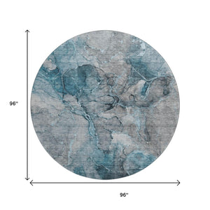 HomeRoots 8' Teal and Gray Abstract Round Rug - Washable, UV-Protected, Stain-Resistant for High-Traffic Areas 656331