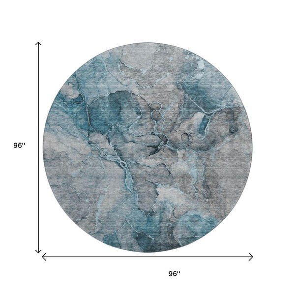 HomeRoots 8' Teal and Gray Abstract Round Rug - Washable, UV-Protected, Stain-Resistant for High-Traffic Areas 656331