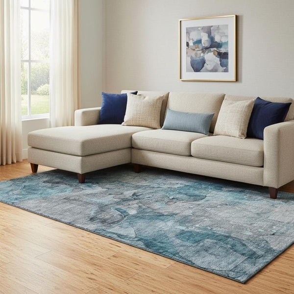HomeRoots 8' X 10' Contemporary Teal & Gray Abstract Area Rug - Washable, UV Protected, Durable for Busy Homes 656332