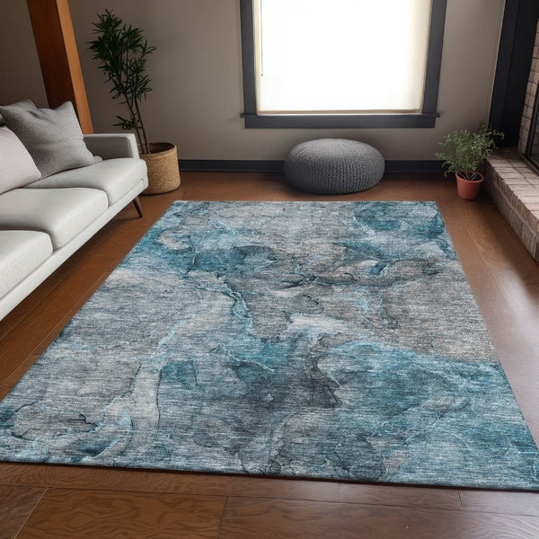 HomeRoots 9' X 12' Teal & Gray Abstract Area Rug - Washable, UV-Protected, Durable for Homes with Kids & Pets 656333