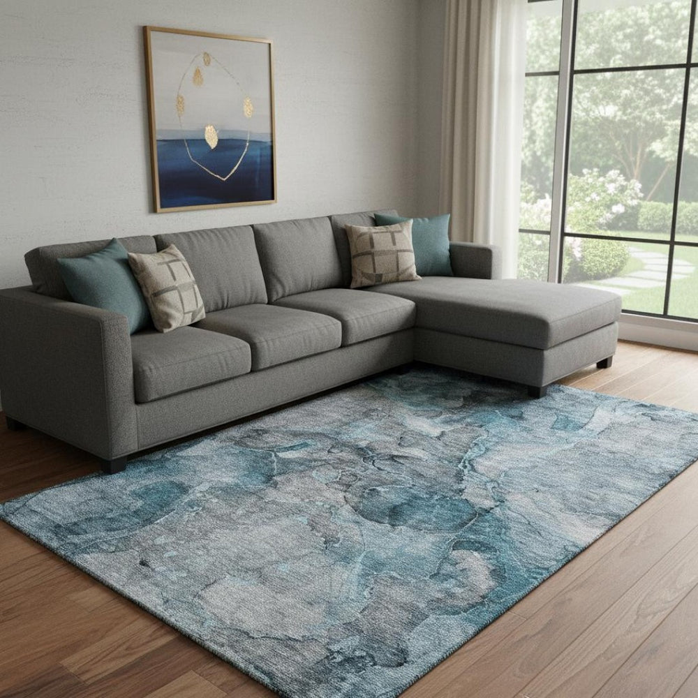 HomeRoots 9' X 12' Teal & Gray Abstract Area Rug - Washable, UV-Protected, Durable for Homes with Kids & Pets 656333