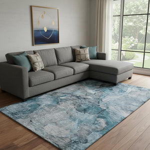 HomeRoots 9' X 12' Teal & Gray Abstract Area Rug - Washable, UV-Protected, Durable for Homes with Kids & Pets 656333