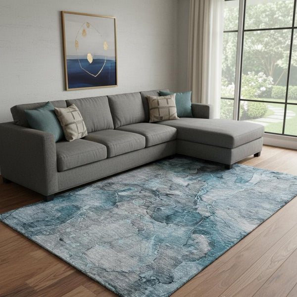 HomeRoots 9' X 12' Teal & Gray Abstract Area Rug - Washable, UV-Protected, Durable for Homes with Kids & Pets 656333