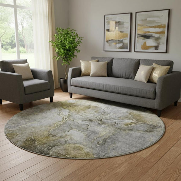 HomeRoots 8' Taupe and Brown Abstract Round Rug – Washable, UV-Protected, Durable for Family Living Areas 656337