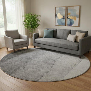 HomeRoots 8' Modern Gray and Silver Ombre Washable Round Rug with UV Protection for High-Traffic Homes 656349
