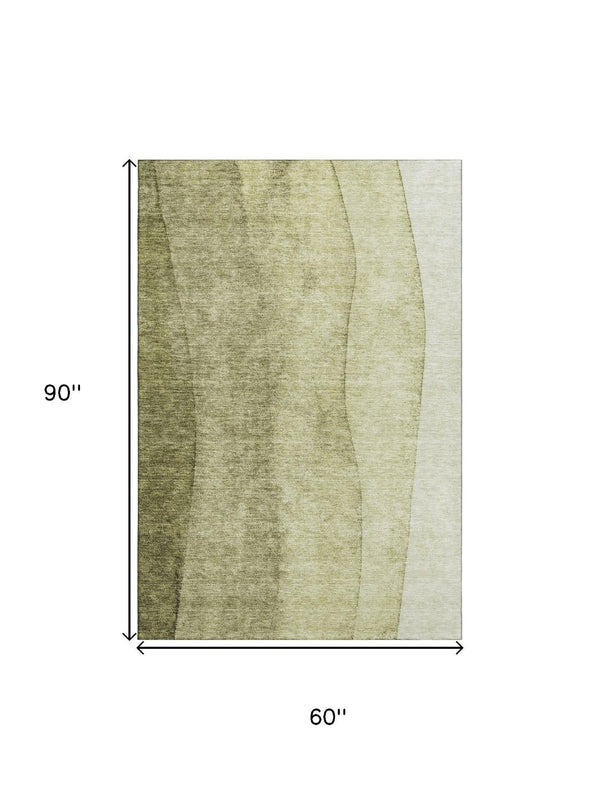 HomeRoots 5' Olive Green to Ivory Ombre Washable Area Rug - UV Protected, Stain Resistant, Modern Style! 656354