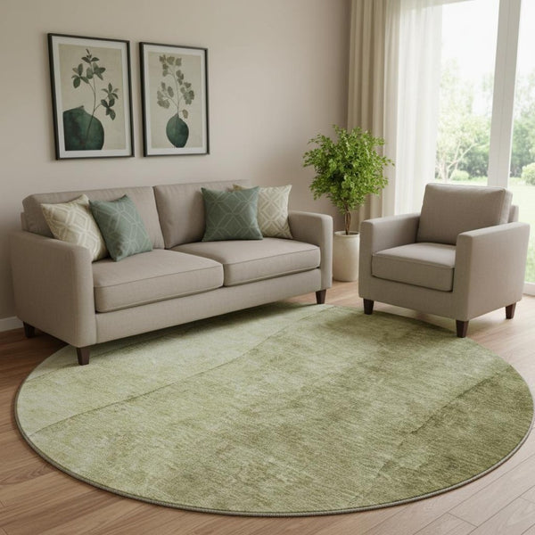 HomeRoots 8' Olive Green Ombre Round Rug - Washable, UV Protected, Durable Design for Stylish Living Spaces 656355