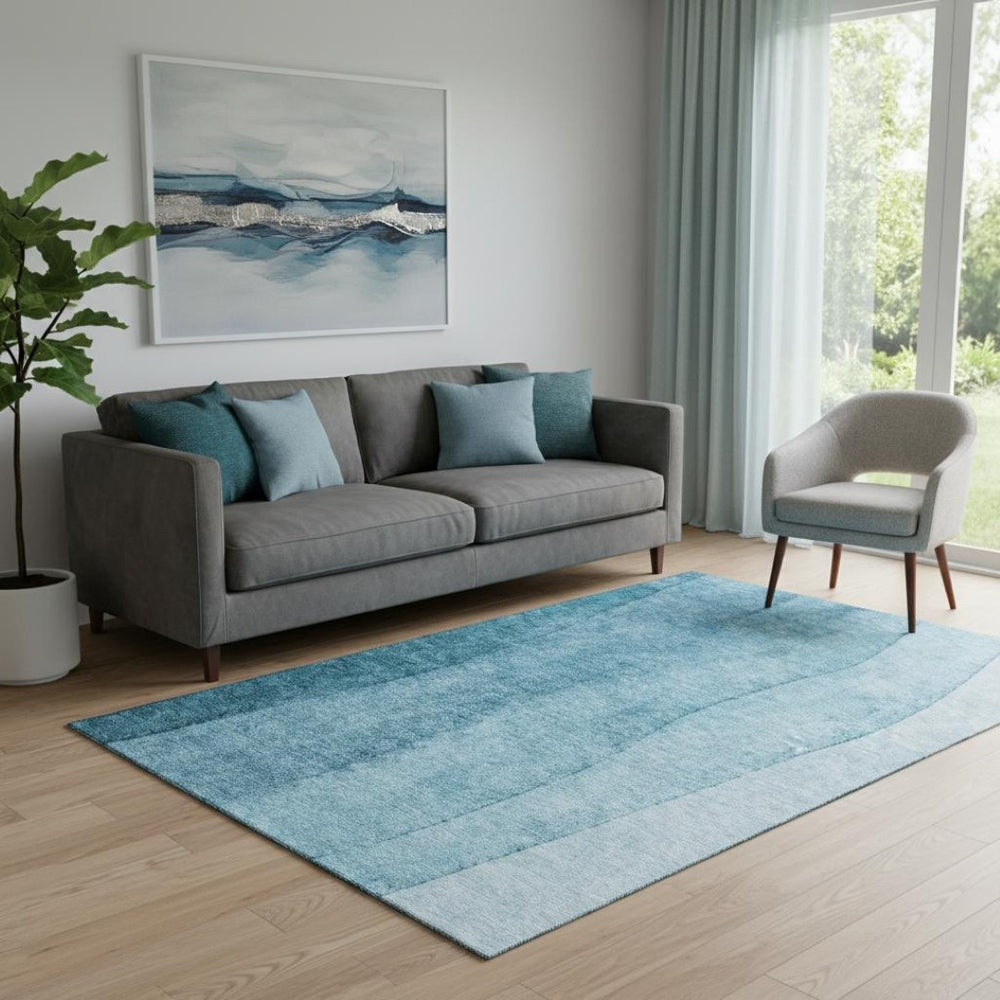 HomeRoots 5' X 8' Teal Ombre Area Rug - Washable, UV Protected, Stain-Resistant for High-Traffic Rooms 656372